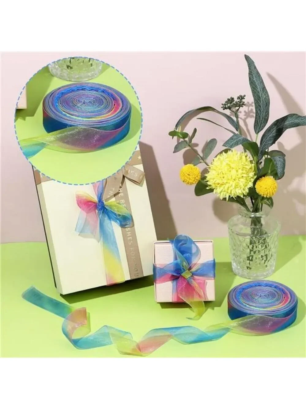 Rainbow Organza Satin Ribbon 1 Inch x 50 Yards Sheer Colorful Ribbon for Crafts